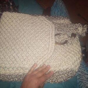 Cream and Brown Textured Backpack with Drawstring Closure